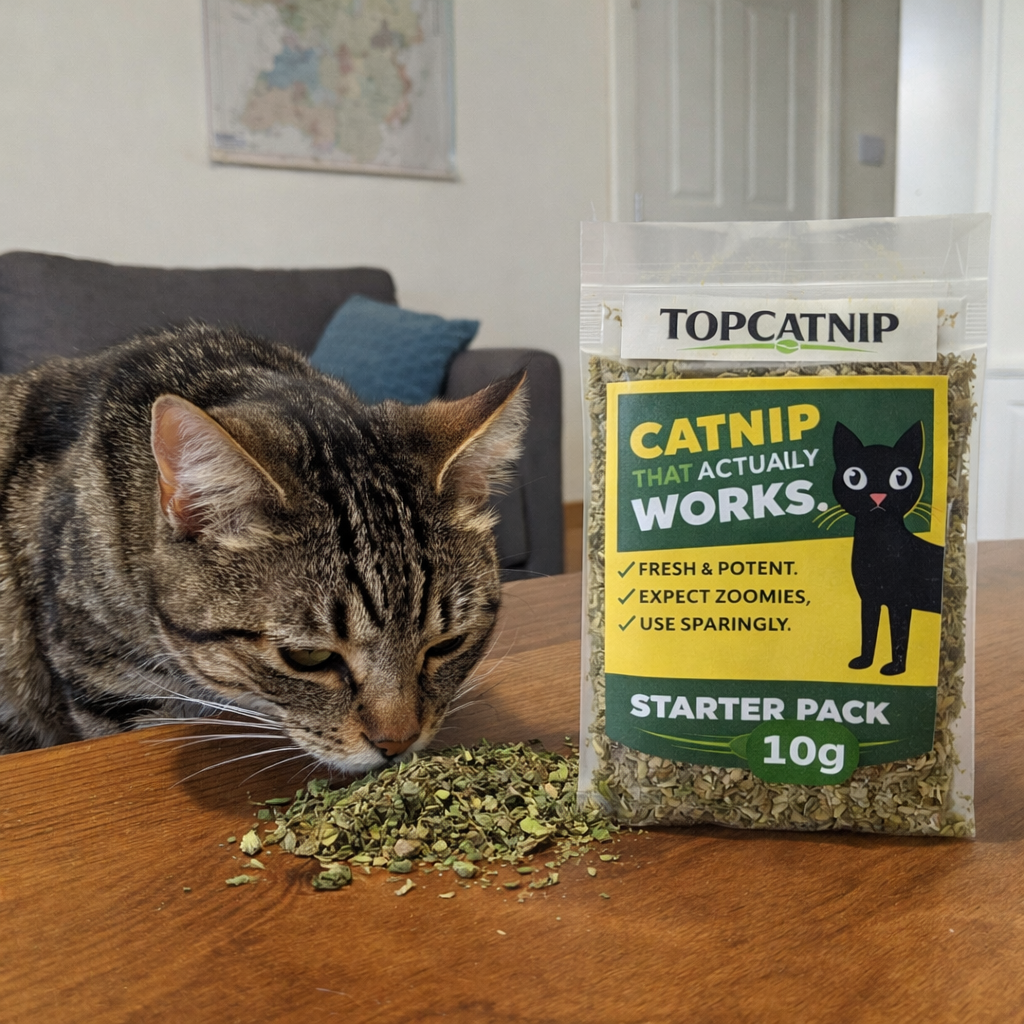TopCatnip catnip packed in Northern Ireland with real cat enjoying fresh catnip
